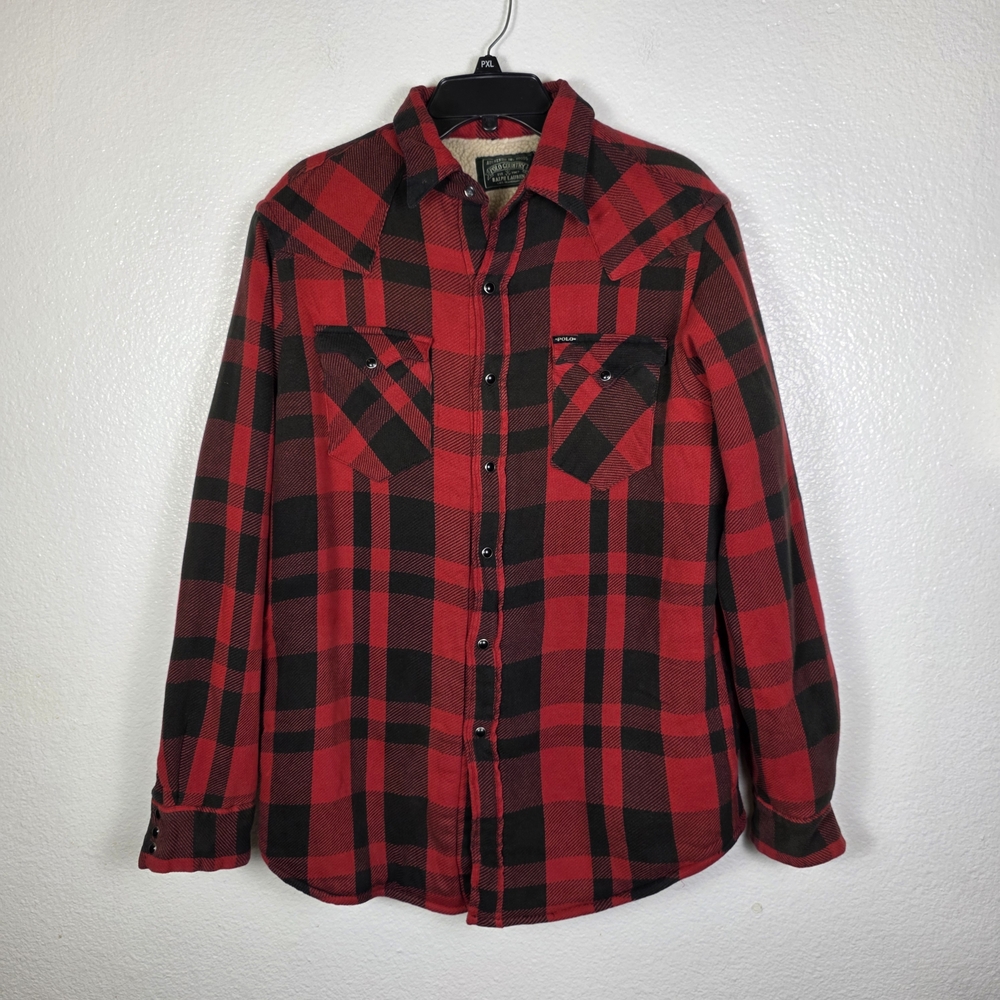 Ralph Lauren Polo Country Buffalo Red Plaid Sherpa Snap Button Shirt Jacket M